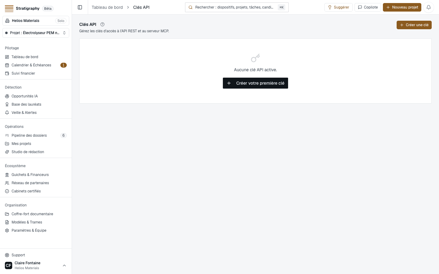 La page Clés API avant la première clé, avec le bouton Créer votre première clé